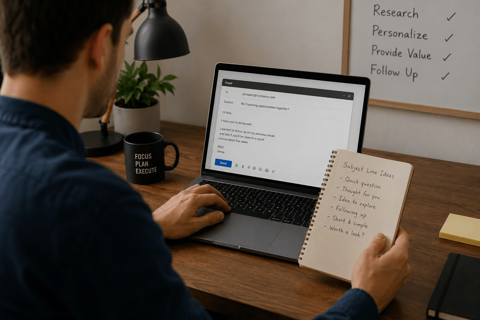 Sales professional reviewing a draft email on a laptop while taking notes in a notebook to refine a cold email subject line before sending.